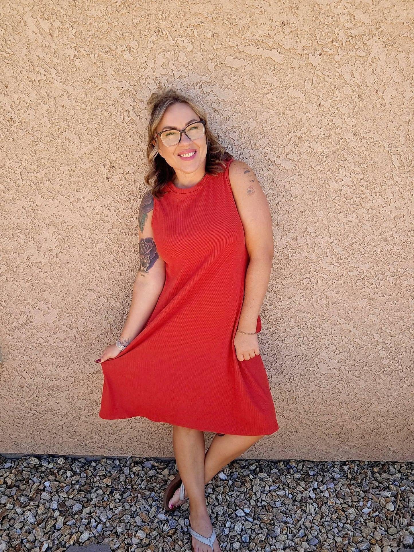 LuLaRoe Charlotte Dress - Solid Terracotta Sleeveless A-Line Dress with Pockets