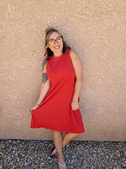 LuLaRoe Charlotte Dress - Solid Terracotta Sleeveless A-Line Dress with Pockets