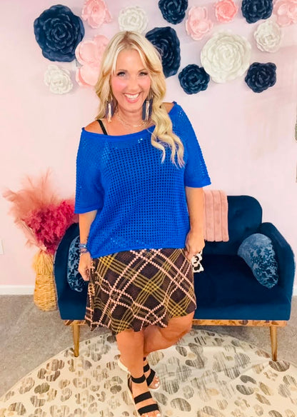 LuLaRoe Eileen Skort - Navy, Mustard & Blush Plaid
