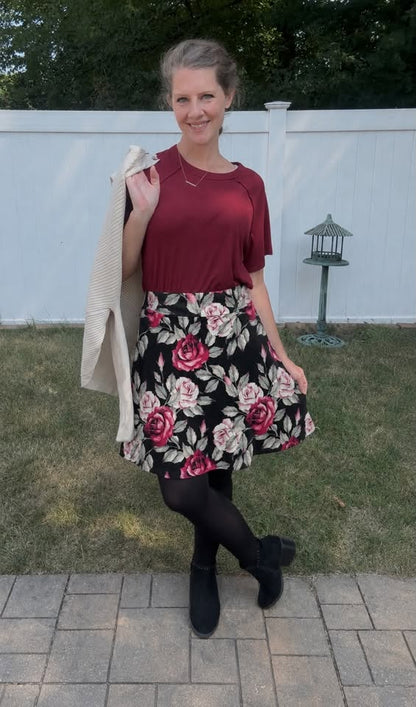 LuLaRoe Eileen Skort - Black, Burgundy & Blush Rose Floral