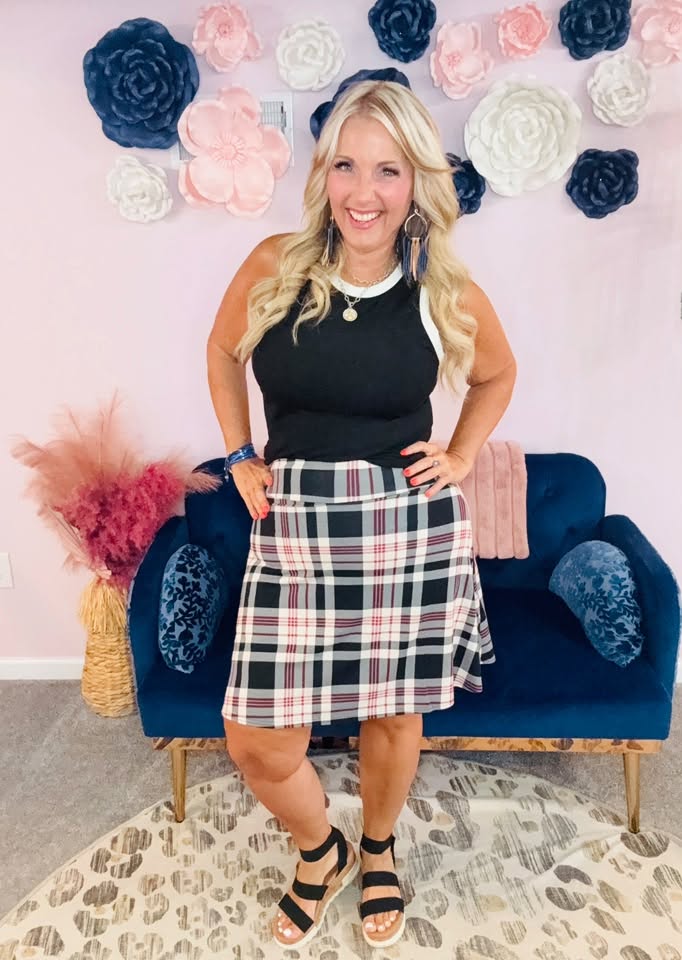 LuLaRoe Eileen Skort - Black, Ivory & Burgundy Plaid