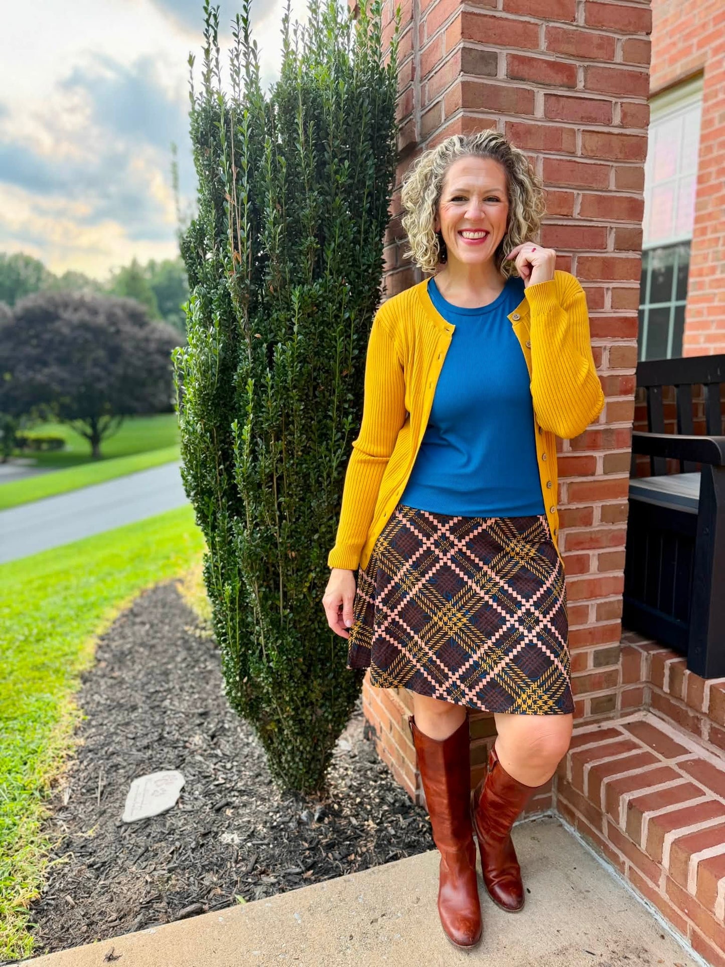 LuLaRoe Eileen Skort - Navy, Mustard & Blush Plaid