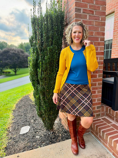 LuLaRoe Eileen Skort - Navy, Mustard & Blush Plaid