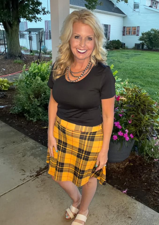 LuLaRoe Eileen Skort - Mustard, Black & Rust Plaid