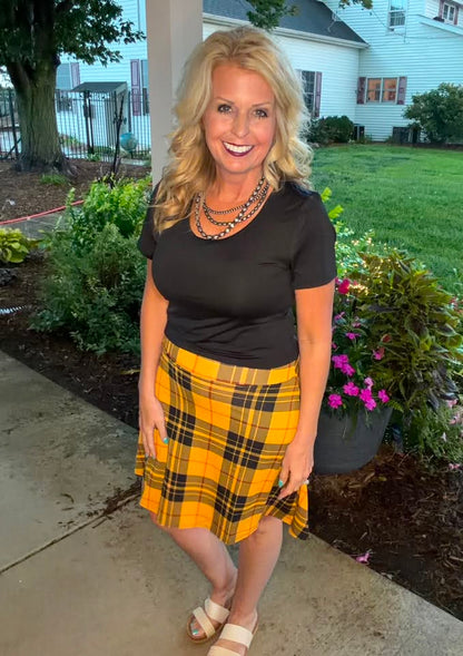 LuLaRoe Eileen Skort - Mustard, Black & Rust Plaid