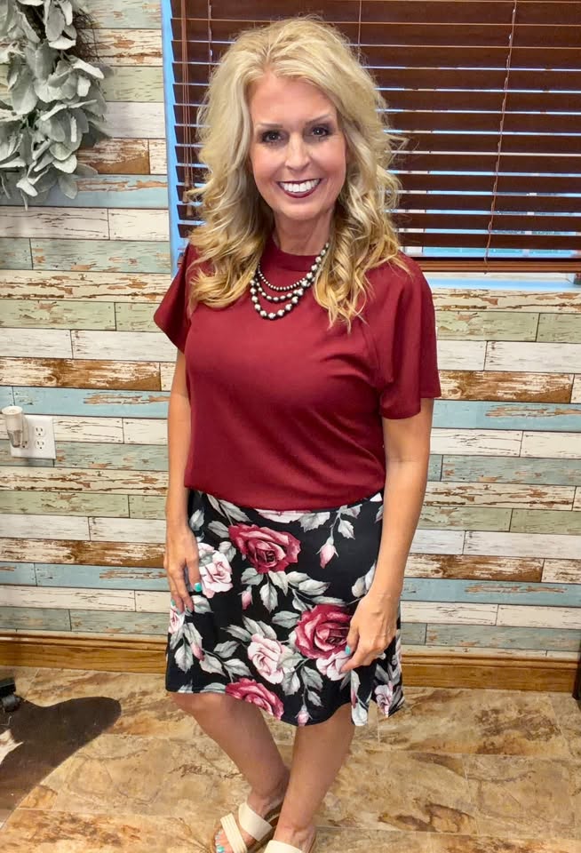 LuLaRoe Eileen Skort - Black, Burgundy & Blush Rose Floral