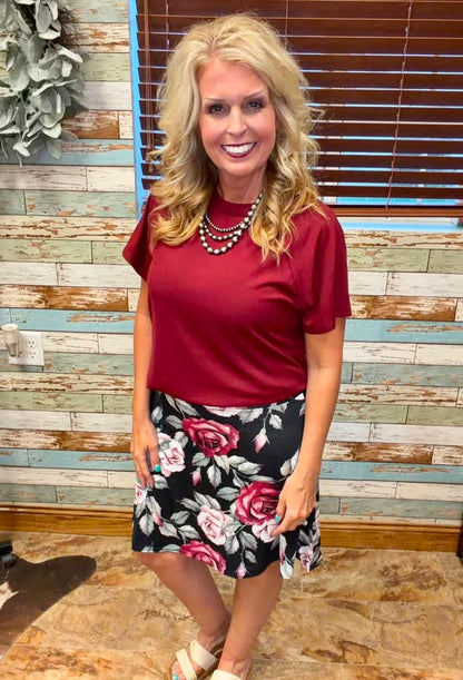 LuLaRoe Eileen Skort - Black, Burgundy & Blush Rose Floral