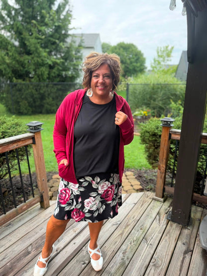 LuLaRoe Eileen Skort - Black, Burgundy & Blush Rose Floral