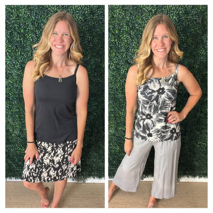 LuLaRoe Essential Cami 2-Pack - Solid Black + Black & Ivory Brushstroke Floral