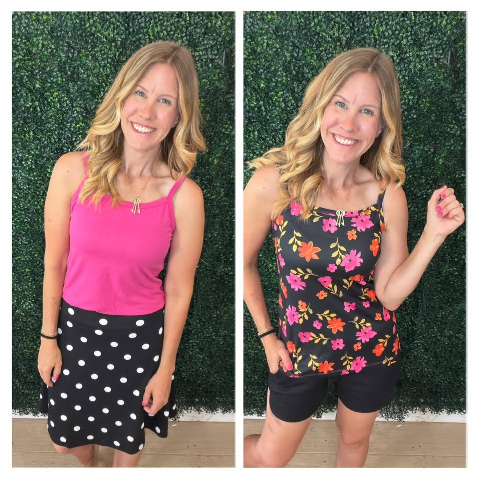 LuLaRoe Essential Cami 2-Pack - Solid Fuchsia Pink + Black, Fuchsia & Orange Ditsy Floral