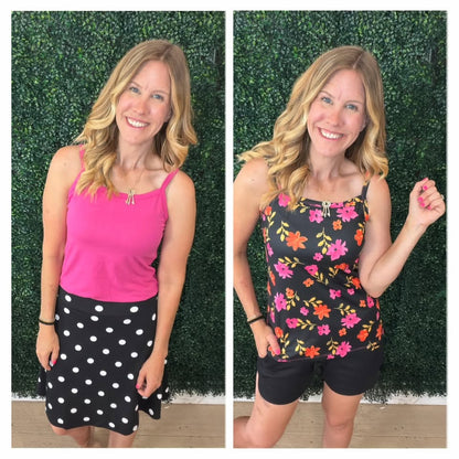 LuLaRoe Essential Cami 2-Pack - Solid Fuchsia Pink + Black, Fuchsia & Orange Ditsy Floral