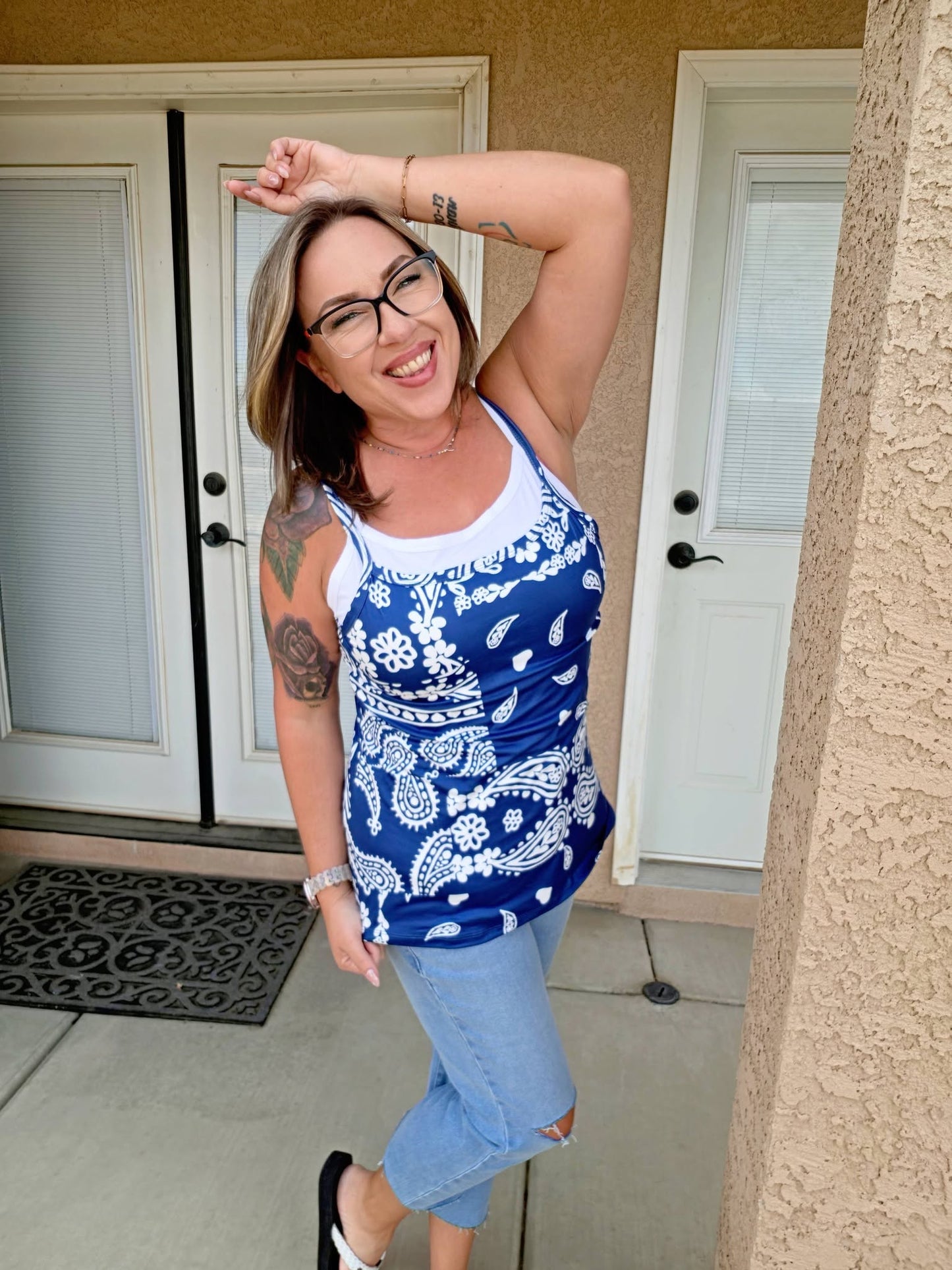 LuLaRoe Essential Cami 2-Pack - Navy & White Bandana Paisley Patchwork + Solid White