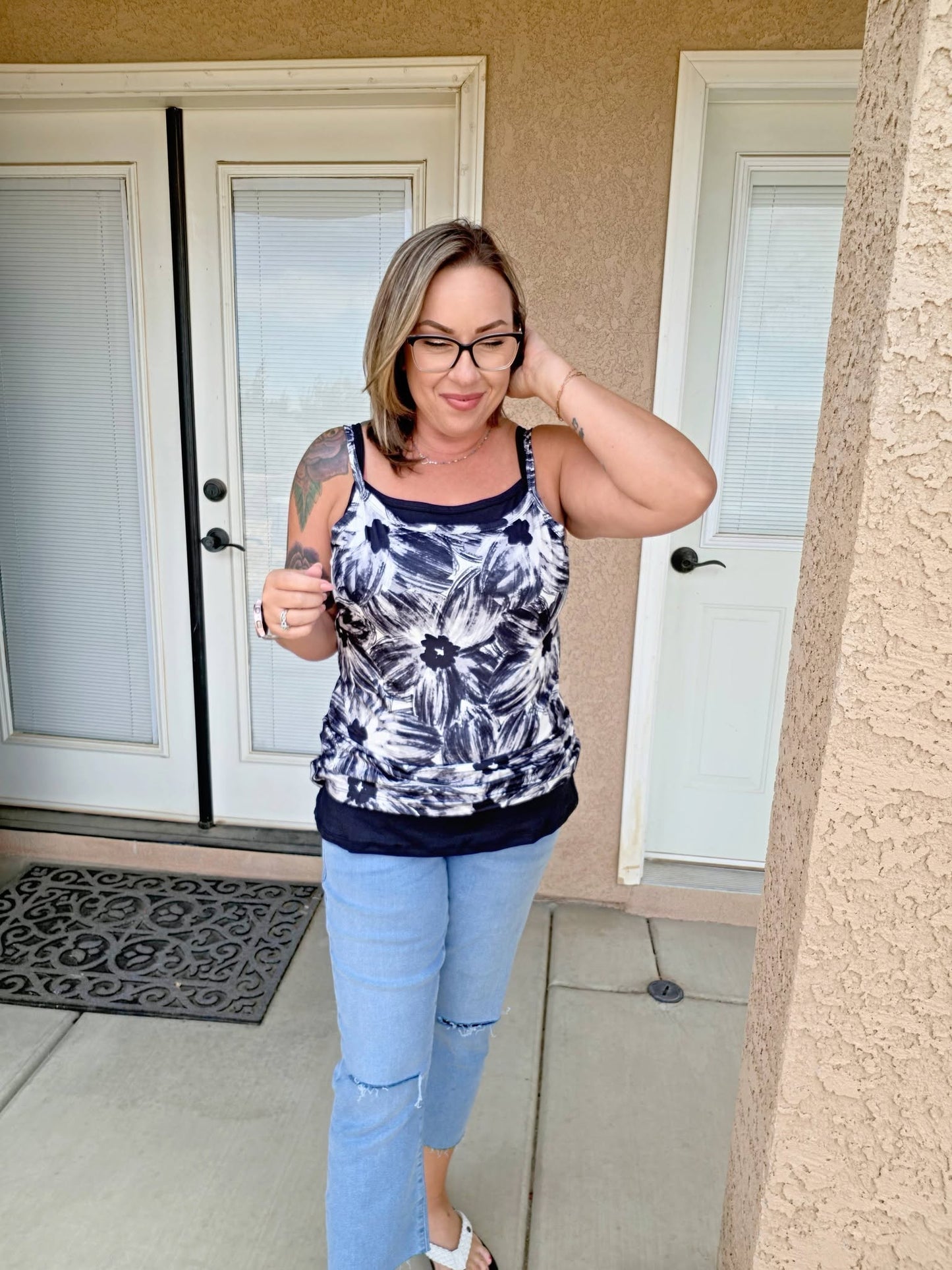 LuLaRoe Essential Cami 2-Pack - Solid Black + Black & Ivory Brushstroke Floral