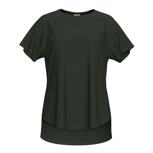 A dark olive green short-sleeve top with a high-low hem and shoulder cutouts, displayed on a clean white background.