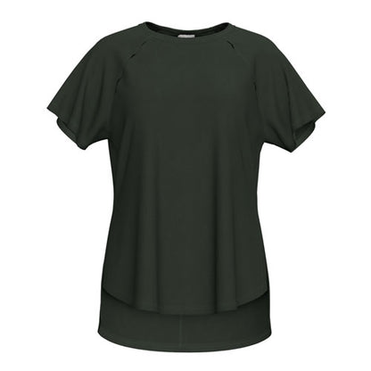 A dark olive green short-sleeve top with a high-low hem and shoulder cutouts, displayed on a clean white background.