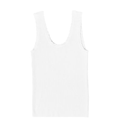 LuLaRoe Maydene Scallop Edge Tank in Solid White with rib knit fabric, fitted silhouette, and scalloped neckline and arm openings. Alternate product image.