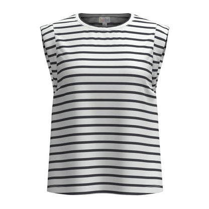 LuLaRoe Suzanne Cap Sleeve Top in Charcoal Stripe featuring soft charcoal gray horizontal stripes on a white background, relaxed fit, cap sleeves, crew neckline, and a curved hem.