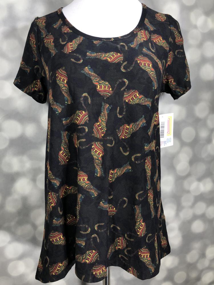LuLaRoe Classic T black multicolor ornate paisley cats print on a short sleeve scoop neck relaxed A-line tee