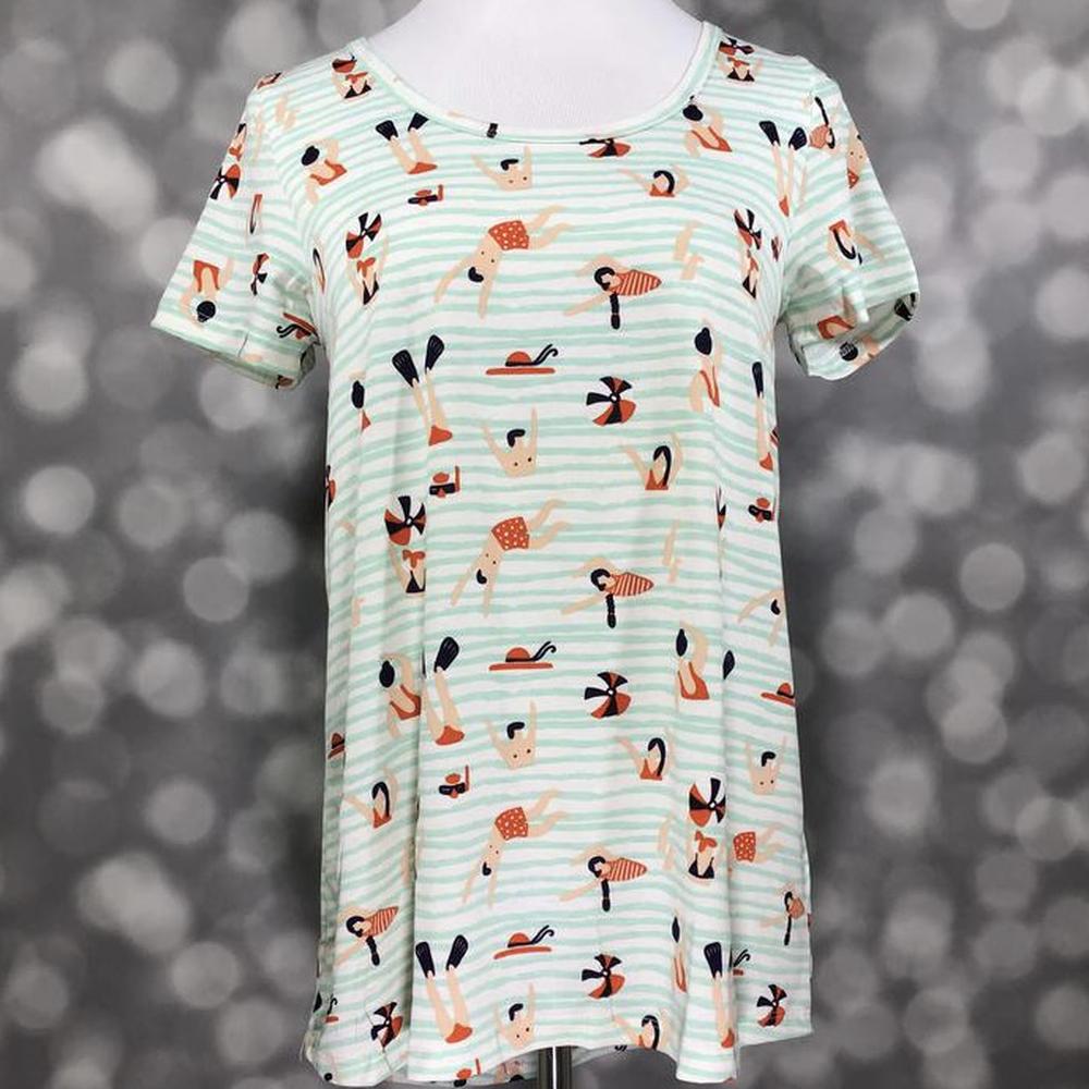 LuLaRoe Classic T ivory mint green stripes retro swimmers print on a short sleeve scoop neck relaxed A-line tee