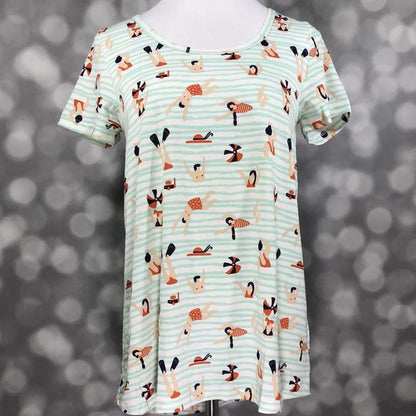 LuLaRoe Classic T ivory mint green stripes retro swimmers print on a short sleeve scoop neck relaxed A-line tee