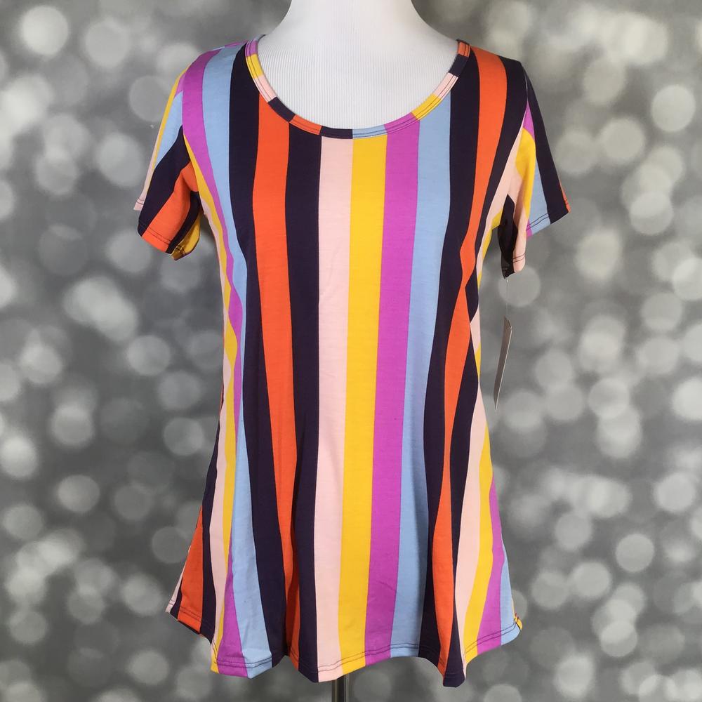 LuLaRoe Classic T navy orange yellow pink multicolor vertical stripes print on a short sleeve scoop neck relaxed A-line tee