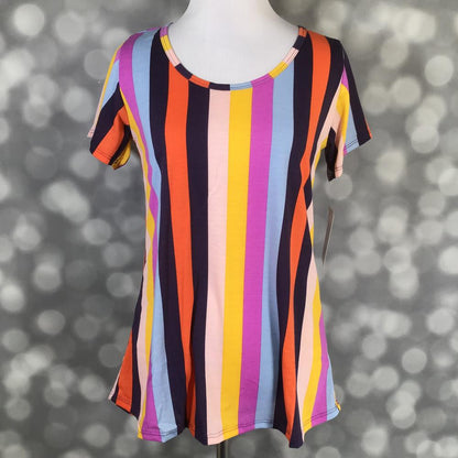 LuLaRoe Classic T navy orange yellow pink multicolor vertical stripes print on a short sleeve scoop neck relaxed A-line tee