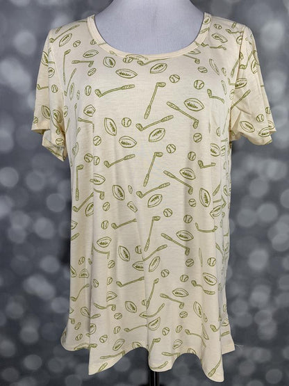 LuLaRoe Classic T soft ivory olive green sports equipment print on a short sleeve scoop neck relaxed A-line tee