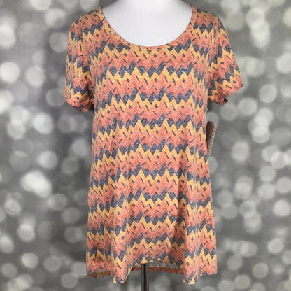 LuLaRoe Classic T heather rust orange mustard yellow charcoal chevron print on a short sleeve scoop neck relaxed A-line tee