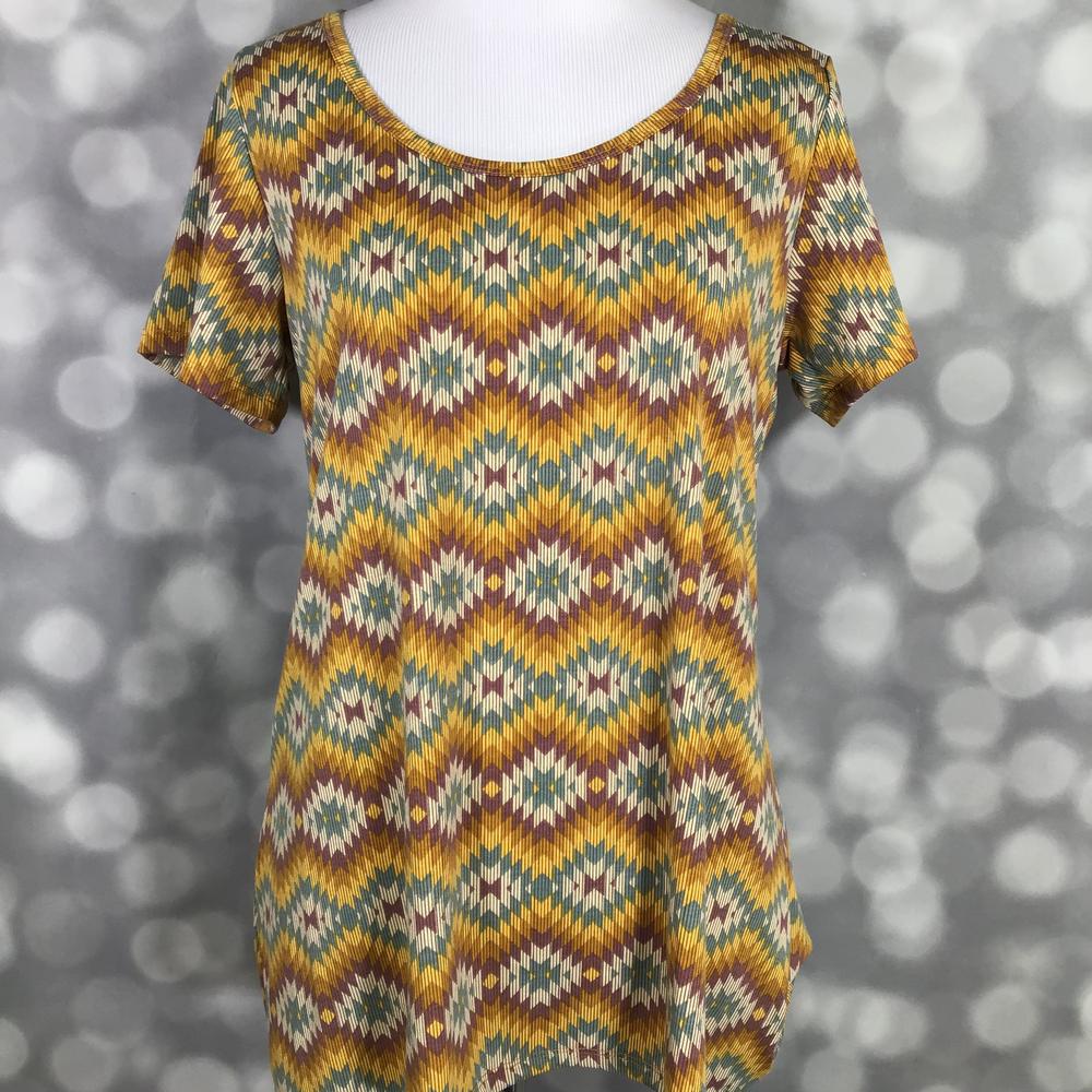 LuLaRoe Classic T mustard yellow teal burgundy southwestern diamond geometric print on a short sleeve scoop neck relaxed A-line tee