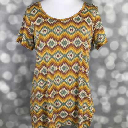 LuLaRoe Classic T mustard yellow teal burgundy southwestern diamond geometric print on a short sleeve scoop neck relaxed A-line tee