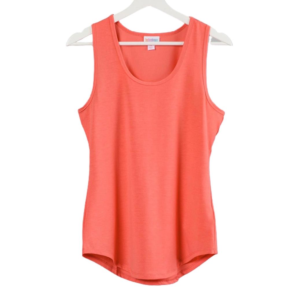 LuLaRoe tank top in Solid Coral Melon featuring a vibrant coral-peach color with a sleeveless silhouette, rounded neckline, and curved hem. Bright women's boutique tank top ideal for summer layering and everyday casual wear on a white hanger with a white background