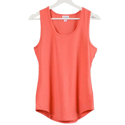 LuLaRoe tank top in Solid Coral Melon featuring a vibrant coral-peach color with a sleeveless silhouette, rounded neckline, and curved hem. Bright women's boutique tank top ideal for summer layering and everyday casual wear on a white hanger with a white background