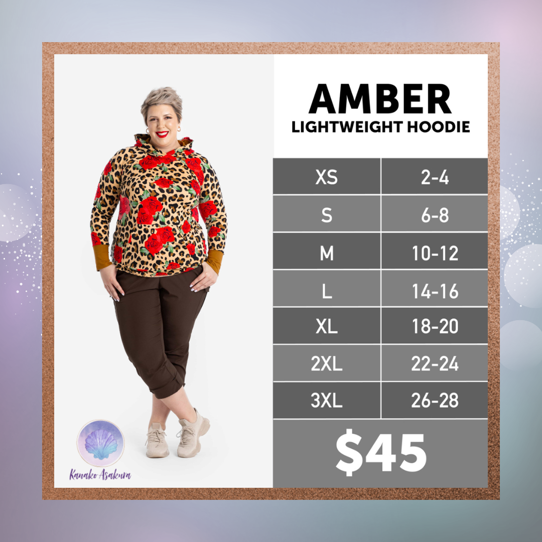 LuLaRoe Amber Lightweight Hoodie size chart for sizes XS through 3XL