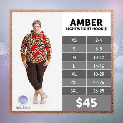LuLaRoe Amber Lightweight Hoodie size chart for sizes XS through 3XL