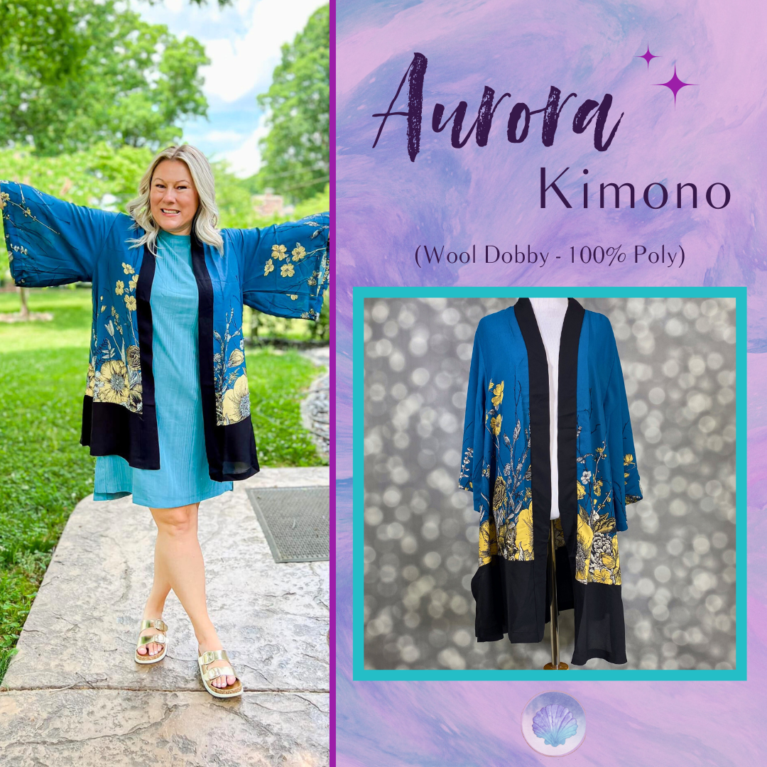 LuLaRoe Aurora bell sleeve kimono in a teal, yellow and black botanical floral print