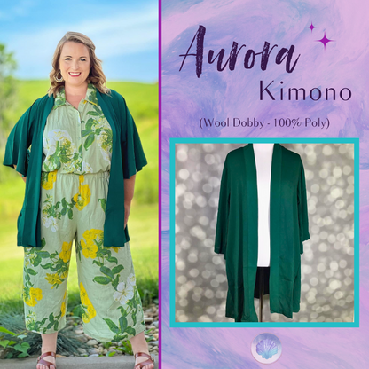 Woman wearing a floral outfit with a green kimono-style garment, surrounded by promotional text for 'Aurora Kimono'.