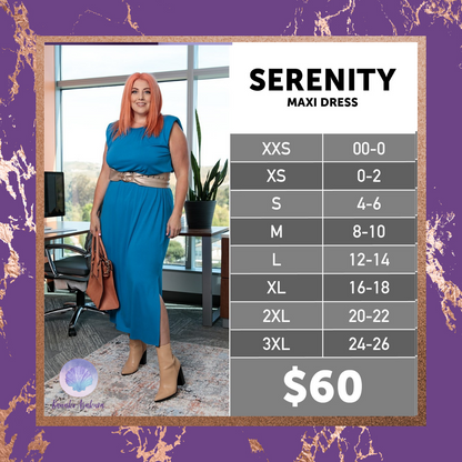 LuLaRoe Career Collection Serenity Dress size chart for women's sizes XXS-3XL