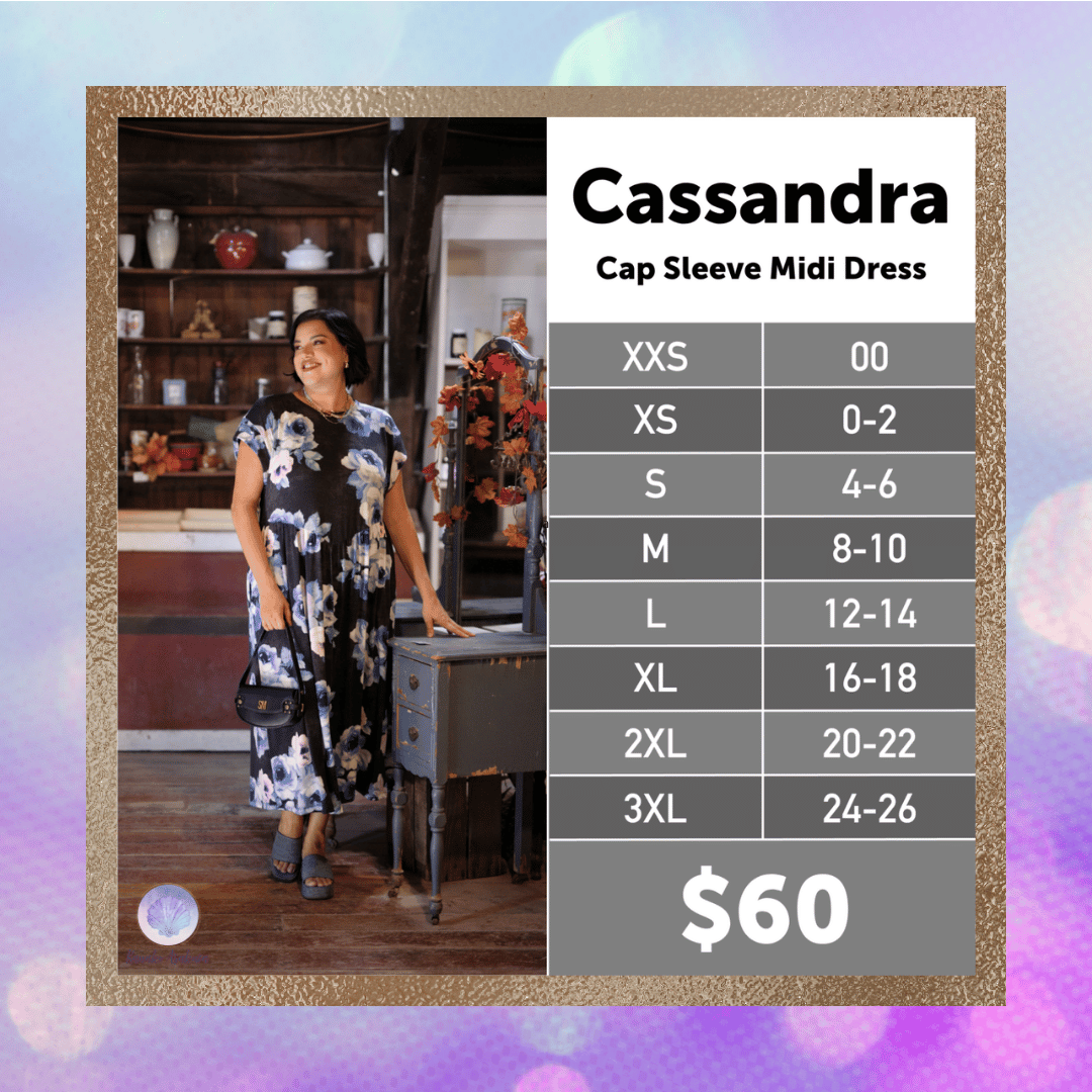 LuLaRoe Cassandra Cap Sleeve Midi Dress size chart