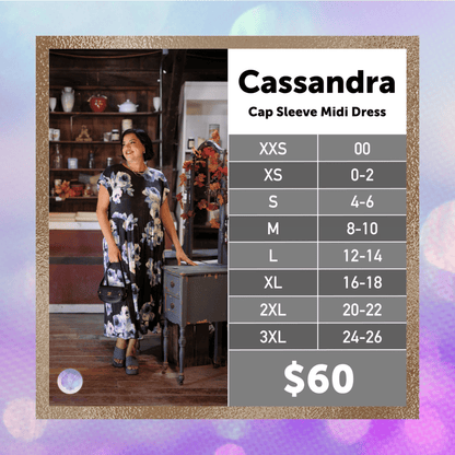 LuLaRoe Cassandra Cap Sleeve Midi Dress size chart