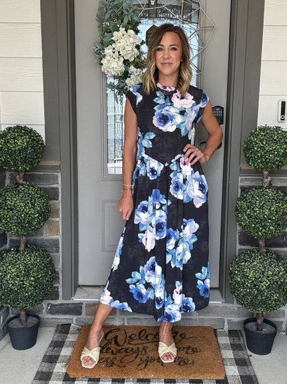 LuLaRoe Cassandra Cap Sleeve Midi Dress – Charcoal Black with Blue & Blush Pink Watercolor Roses – view 3