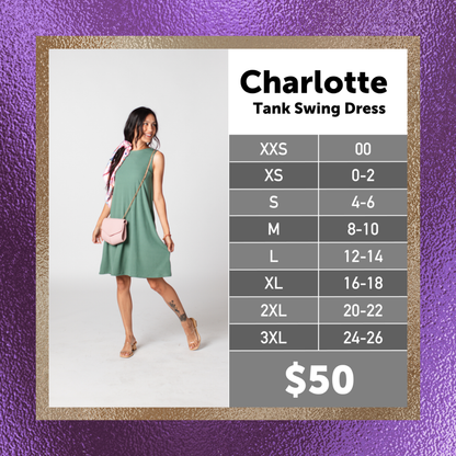 LuLaRoe Charlotte Dress size chart for Solid Powder Blue with women's sizes XXS through 3XL, excluding 1XL.