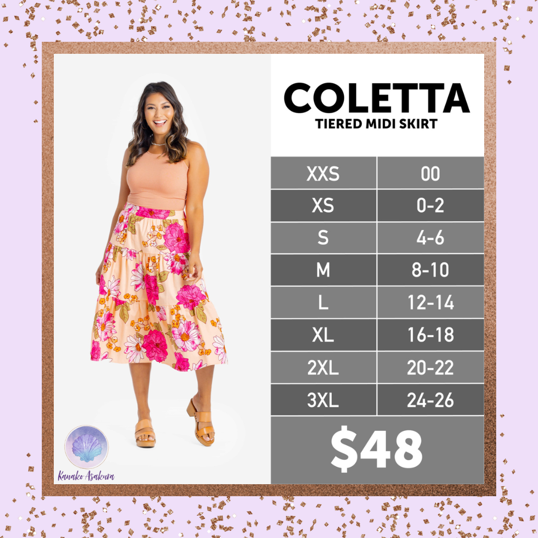 LuLaRoe Coletta Tiered Midi Skirt size chart for women's sizes XXS-3XL