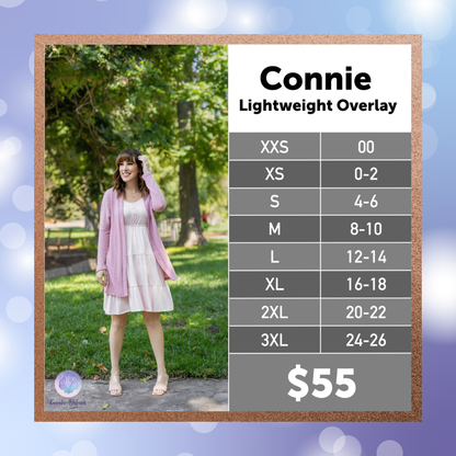 LuLaRoe Connie Lightweight Overlay size chart.