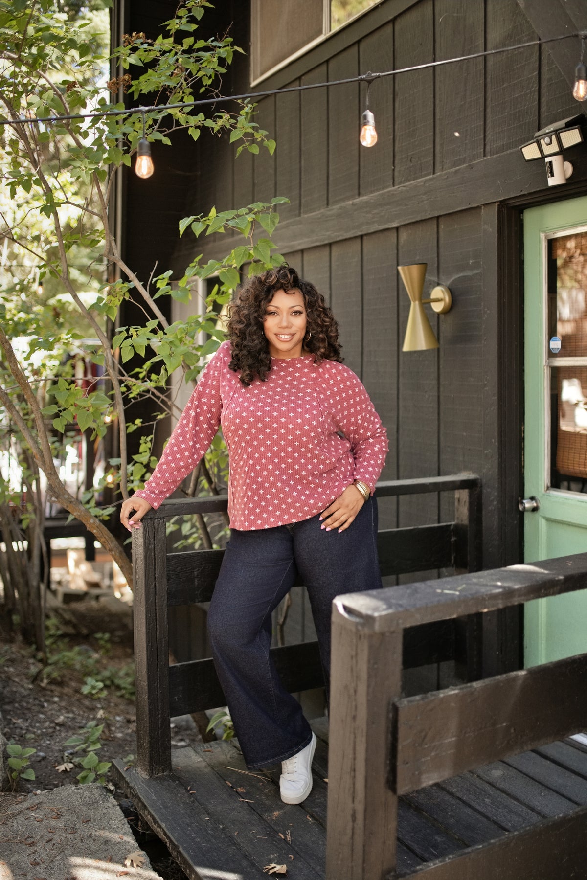 LuLaRoe Tina Mixed Media Long Sleeve Top Dusty Red White Ditsy Cross – additional product view