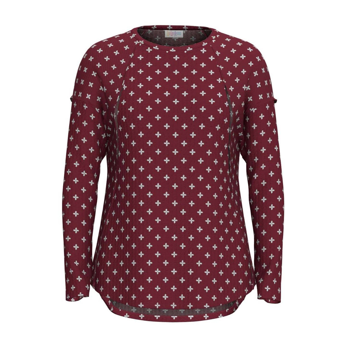 LuLaRoe Tina Mixed Media Long Sleeve Top Dusty Red White Ditsy Cross – color and print detail