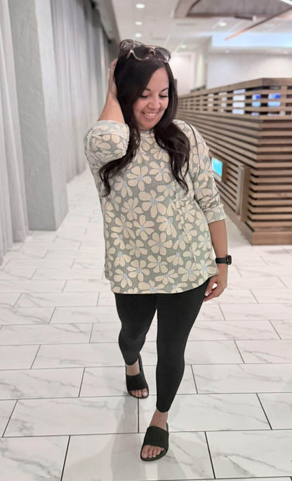 LuLaRoe Tina Mixed Media Long Sleeve Top Dusty Sage & Ivory Retro Daisy Floral – additional product view