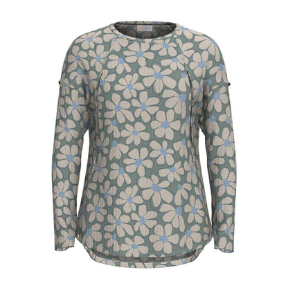 LuLaRoe Tina Mixed Media Long Sleeve Top Dusty Sage & Ivory Retro Daisy Floral – color and print detail