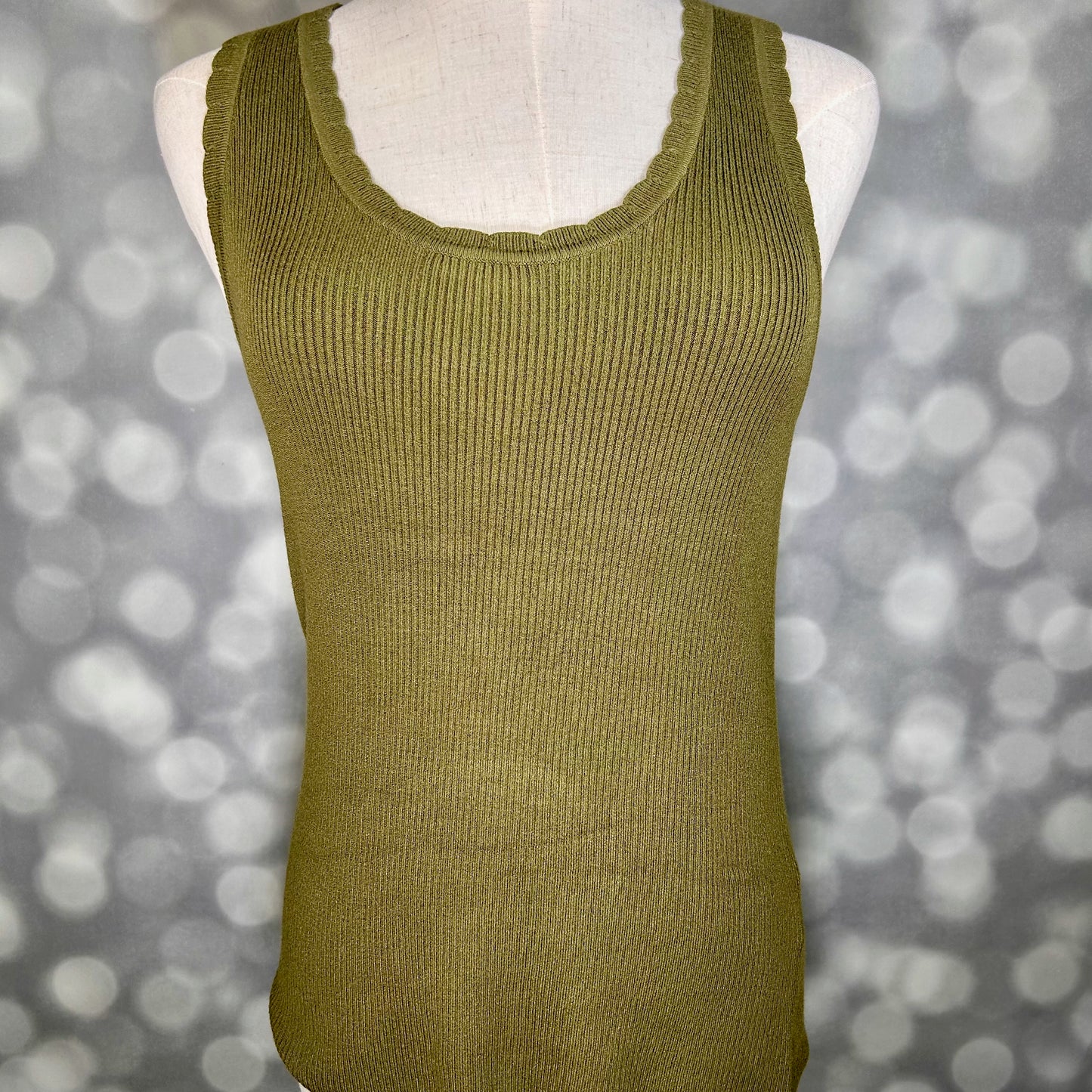 LuLaRoe Maydene Scallop Edge Tank in Solid Soft Olive with rib knit fabric, fitted silhouette, and scalloped neckline and arm openings. Alternate product image.