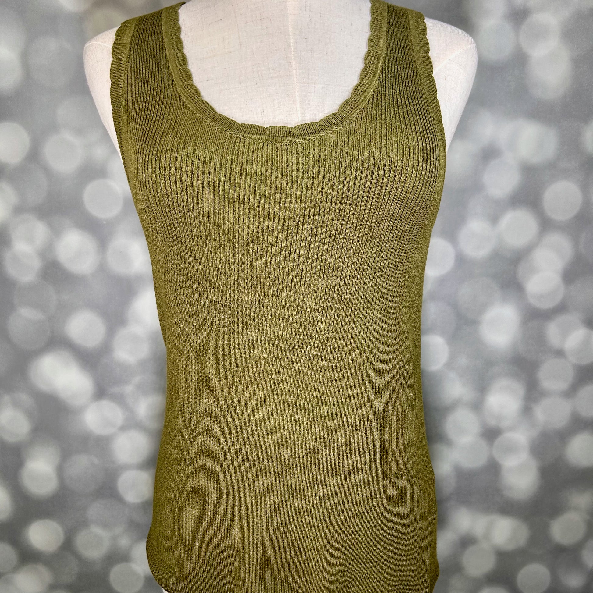 LuLaRoe Maydene Scallop Edge Tank in Solid Soft Olive with rib knit fabric, fitted silhouette, and scalloped neckline and arm openings. Alternate product image.