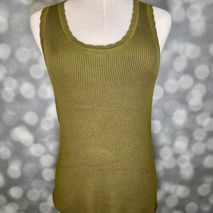 LuLaRoe Maydene Scallop Edge Tank in Solid Soft Olive with rib knit fabric, fitted silhouette, and scalloped neckline and arm openings. Alternate product image.